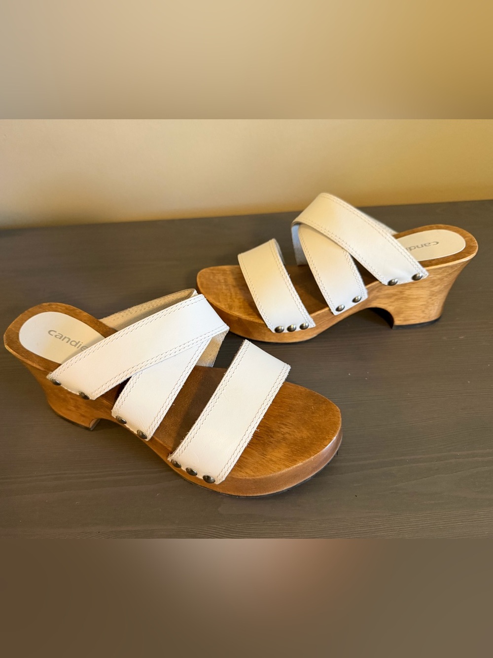 Candie's Vintage Y2K White Leather Double-Strap Wood Platform Clogs - Picture 2 of 7
